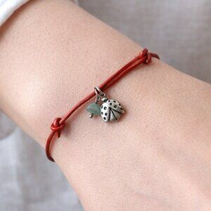 Leather Cord Bracelet with Silver-Tone Ladybug & Jade Charm